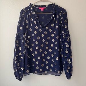 Lilly Pulitzer Navy Blouse with Metallic Gold Print Size S Coastal Resortwear
